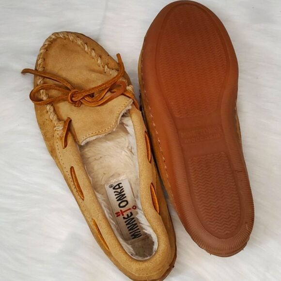 Minnetonka Leather Pile Lined Hard Moccasin Slipper Leather Laces Womens 5 - Picture 13 of 15